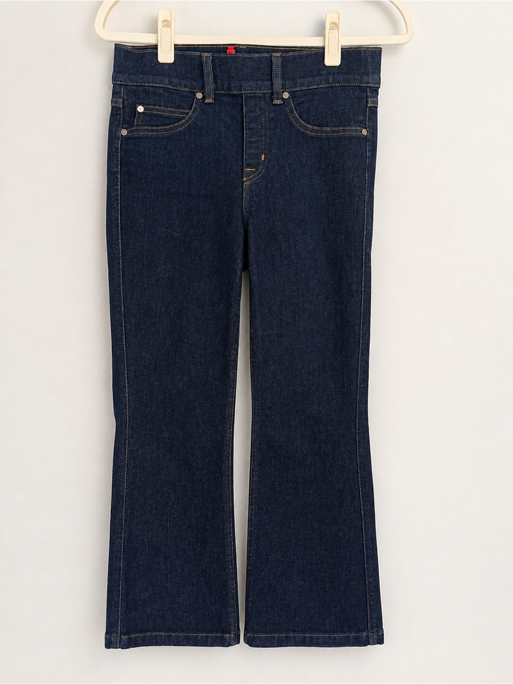 SPANX Raw Indigo Flare Jeans Small Petite S/P Dark Wash Stretch Denim Pull On